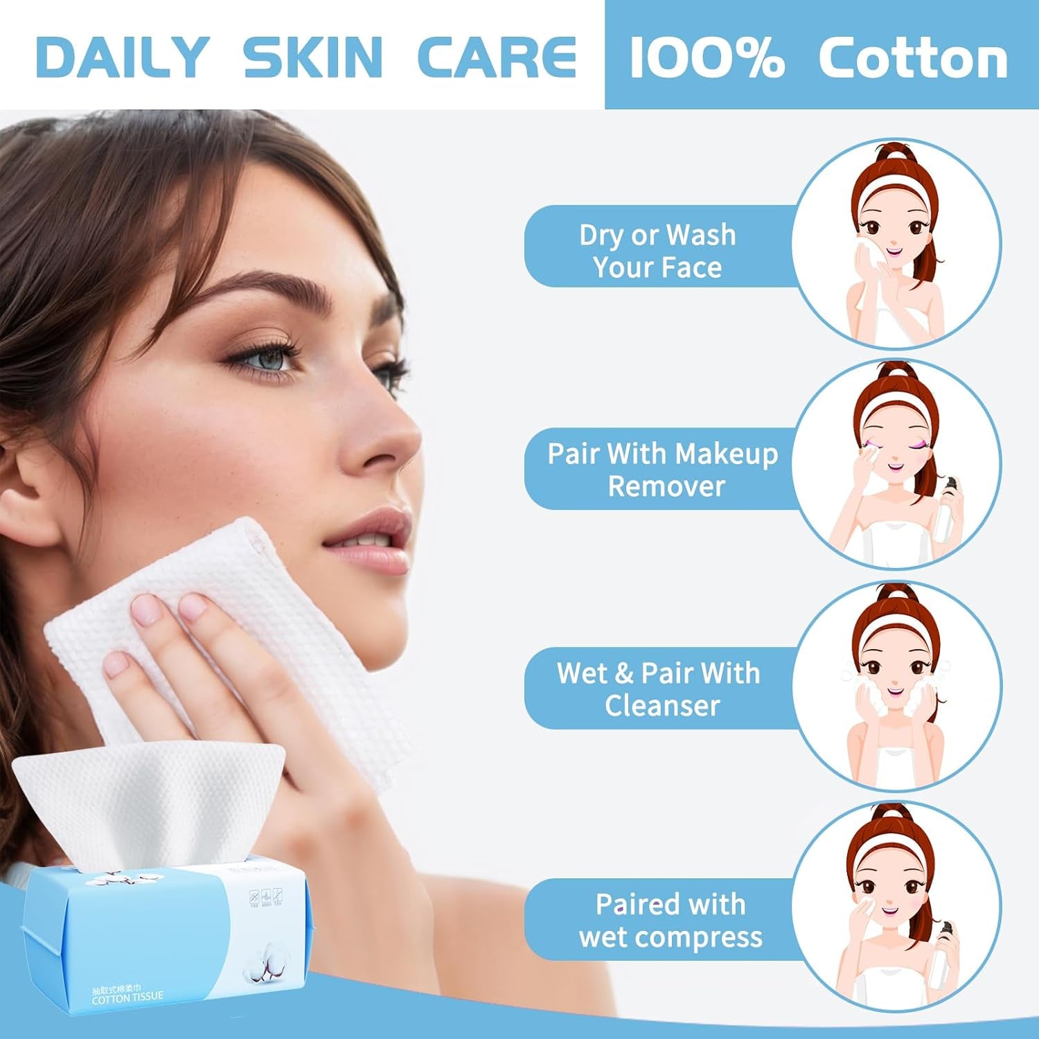 Cotton Facial Dry Wipes 100 Count, Deeply Cleansing Disposable Face Towel Wash Cloth, Multi-Purpose for Skin Care, Make-Up and Face Wipes (2 Pack)