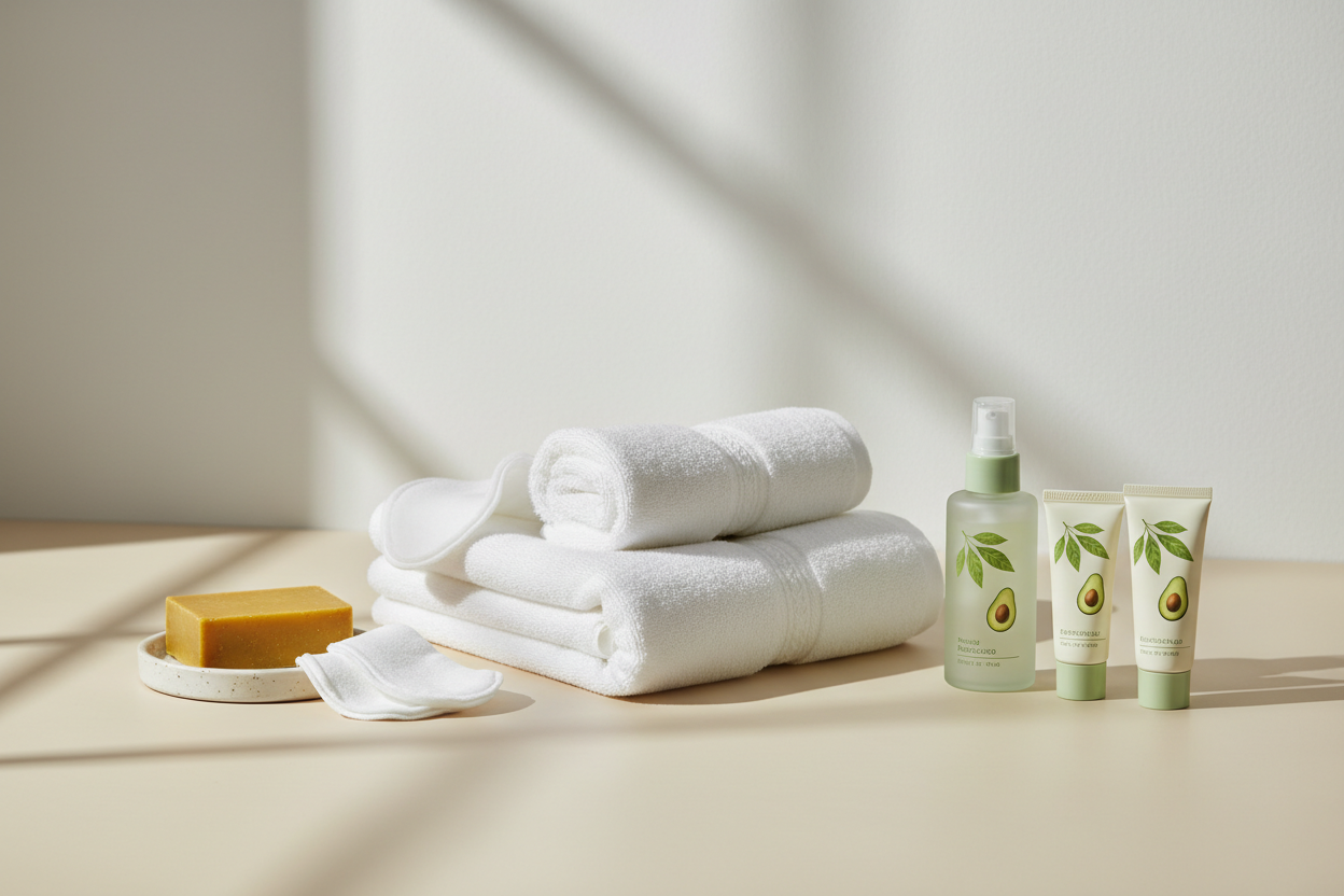 Clean white towels or wipes

A bar of turmeric-colored soap

Skincare bottles/tubes representing the avocado skincare set

Soft lighting, bright background

Neutral colors (white, beige, light green, light yellow)

Bright & airy spa aesthetic

White or beige background

Soft shadows, smooth surfaces